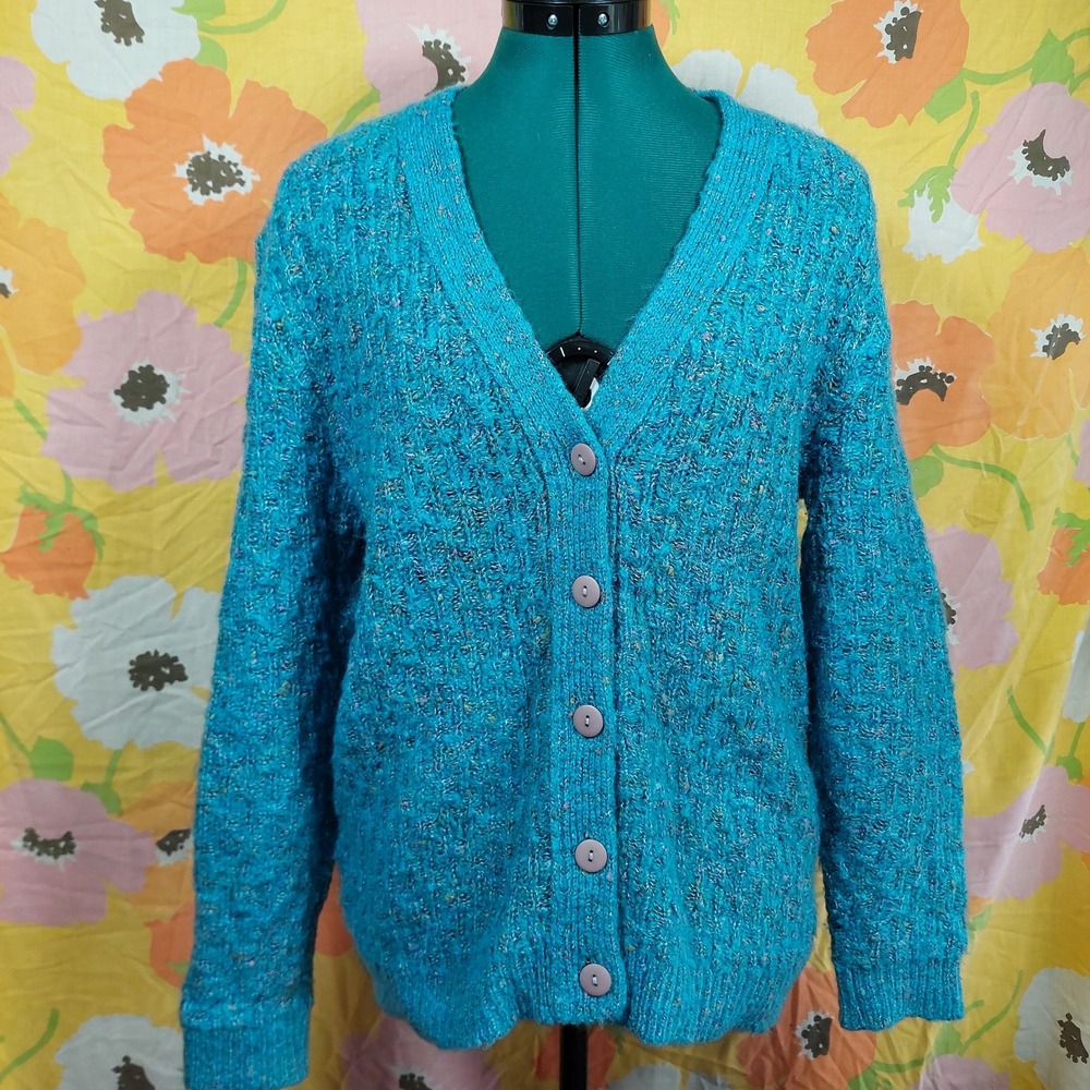 Vintage Camela 90s Turquoise Blue Textured Knit V-Neck Button Front Cardigan L